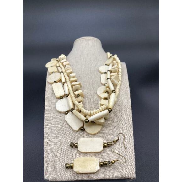 Vintage Bone Multi-strand Necklace Matching Pierced Earrings Individual Beads - Picture 4 of 8